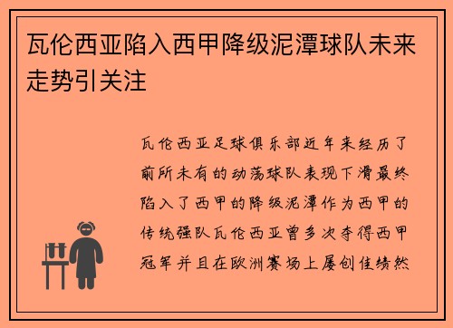 瓦伦西亚陷入西甲降级泥潭球队未来走势引关注